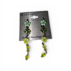 Vintage Copper Tone Floral Green Dangle Earrings